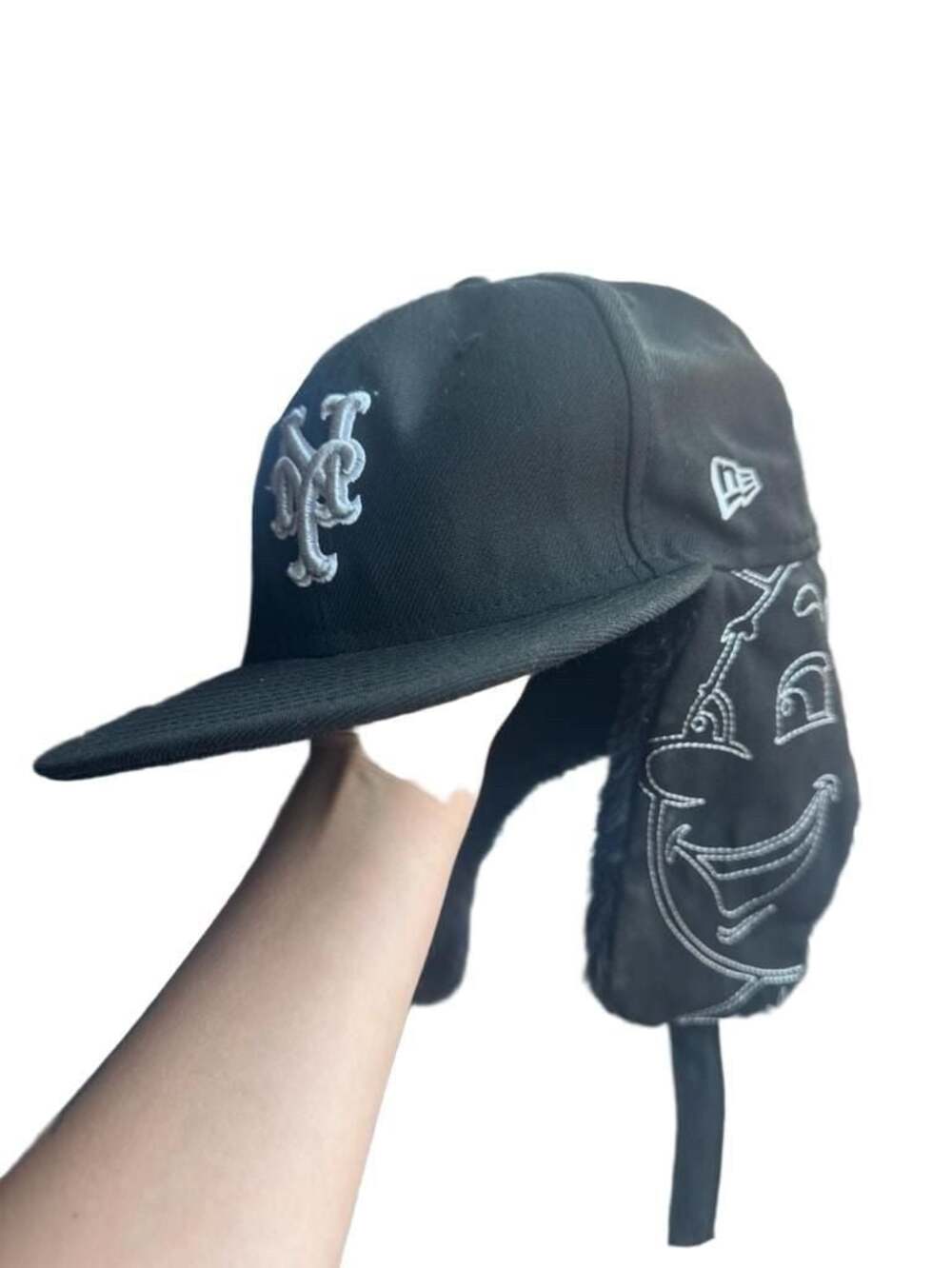 New Era New York Mets Black Fur Ear Flap Trapper 59FIFTY Fitted Hat Size 7 1/2